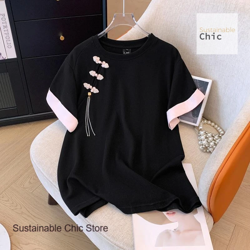 

In summer, the new large-size loose belly-covering shirt is a new Chinese style fashion short-sleeved T-shirt with buckle.