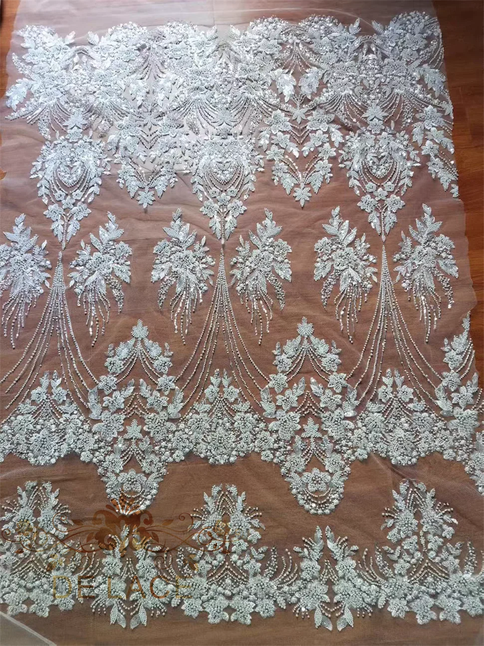 High Quality Luxury Flowers and Leaves Lace With Shining Sequins and Machine Beaded Wedding Dress Lace Fabric