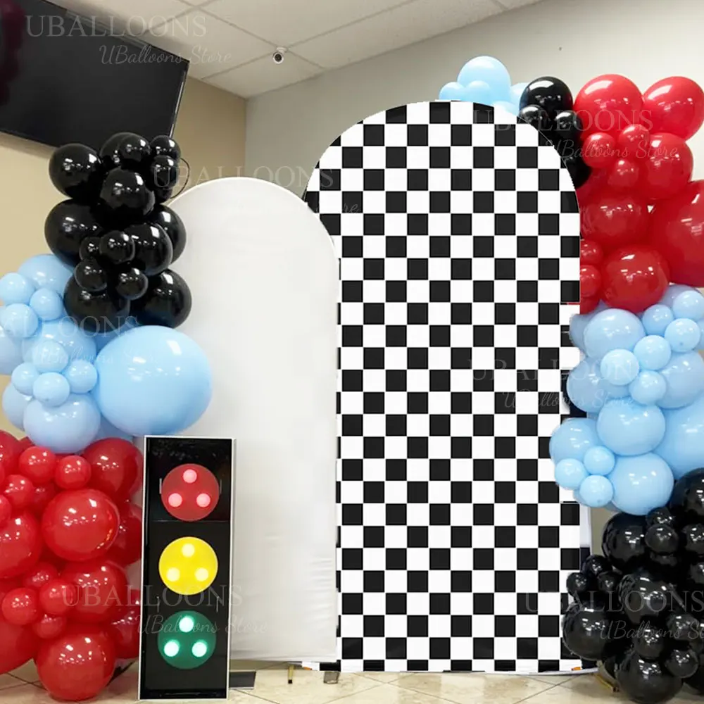 

2M Race Car Party Arch Cover Fabric Black Checked Cover Metal Arch Frame for Racing Fast One Happy Due Birthday Backdrop Decor