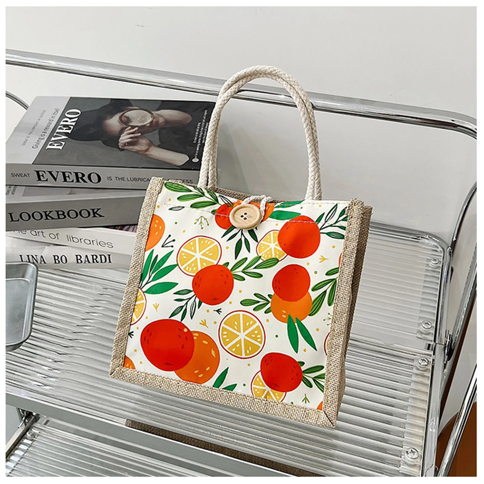 Linen Button Vintage Handbag Women Tote Large Capacity Grocery Gift Bag Beach Organizer Portable Shopping Lunch Bag Fruit Print