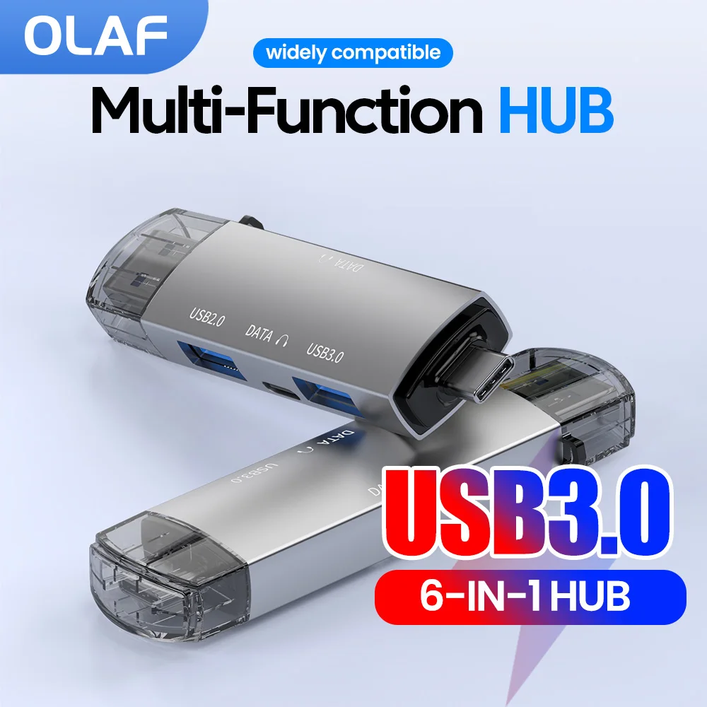6 in 1 Multifunction OTG HUB USB 3.0 USB 2.0 High Speed Type C HUB Support Headphone 6 Ports Multi Splitter USB 3.0 Hub For PC
