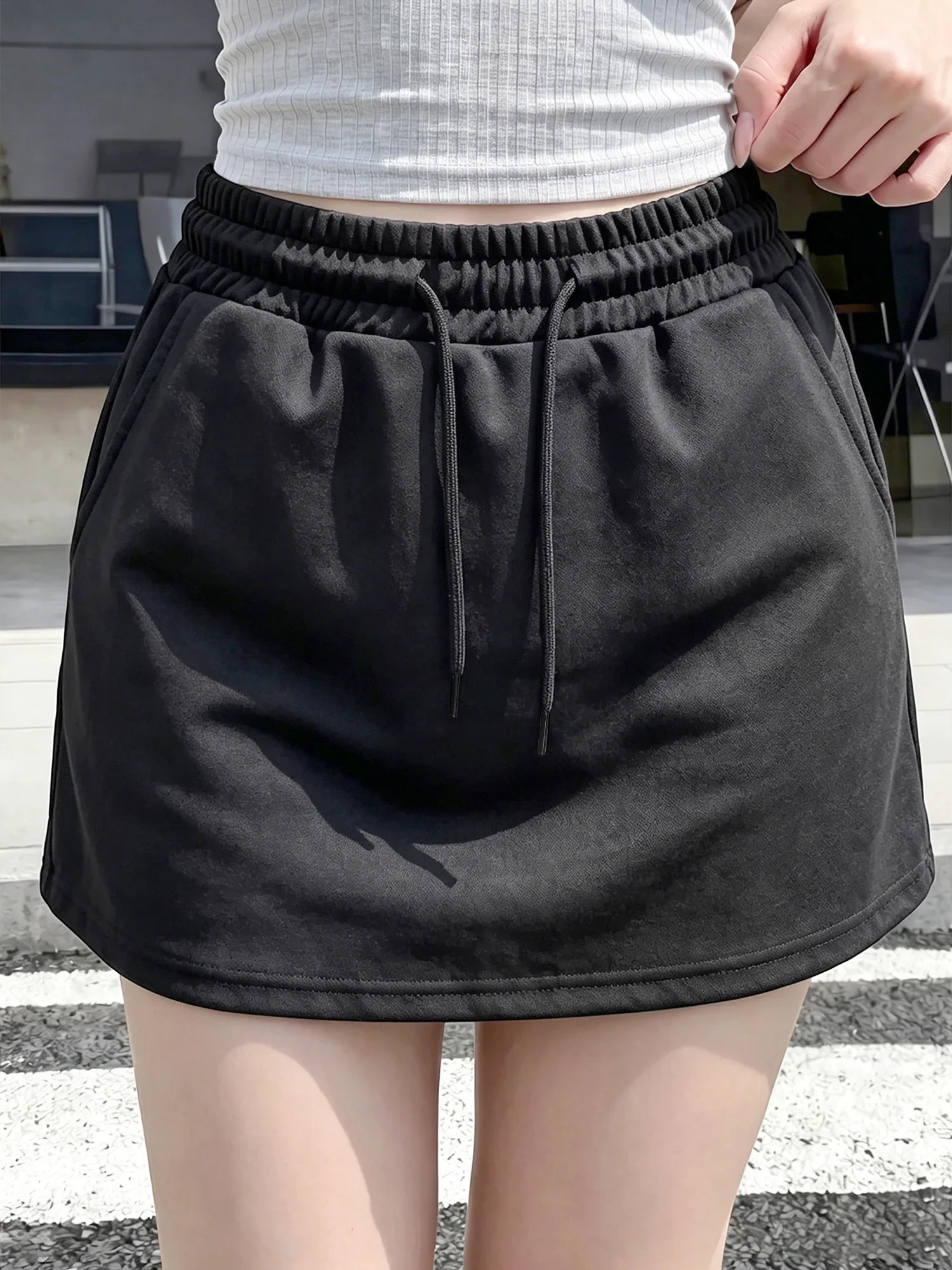 Basic Daily Sweat Workout Mini Skirt Ladies Elastic Drawstring Waist Dual Pockets Black Grey Athleisure Short Skirt