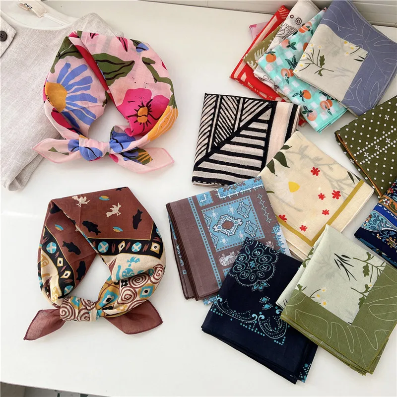 56cm Geometric Flower Scarves Neckerchief for Women Square Scarf Kerchief Bandanas Headband Hair Band Neck Ornament Ribbon Wraps