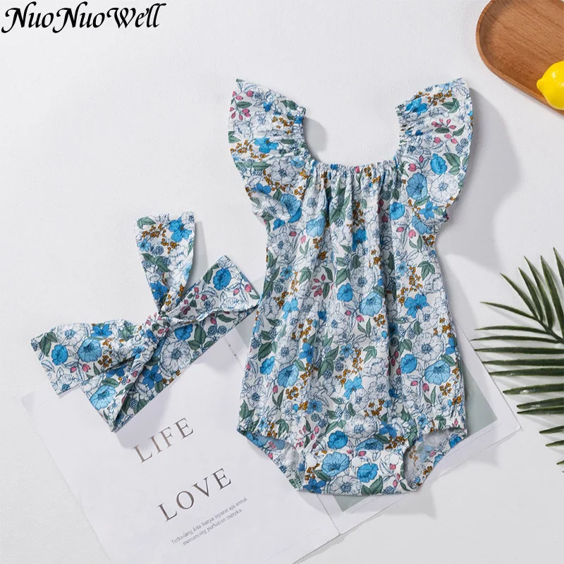 Newborn Baby Floral Print Flutter Romper Headband 2Set Baby Girl Clothes Summer Sleeveless Jumpsuit Photography Costume Bodysuit