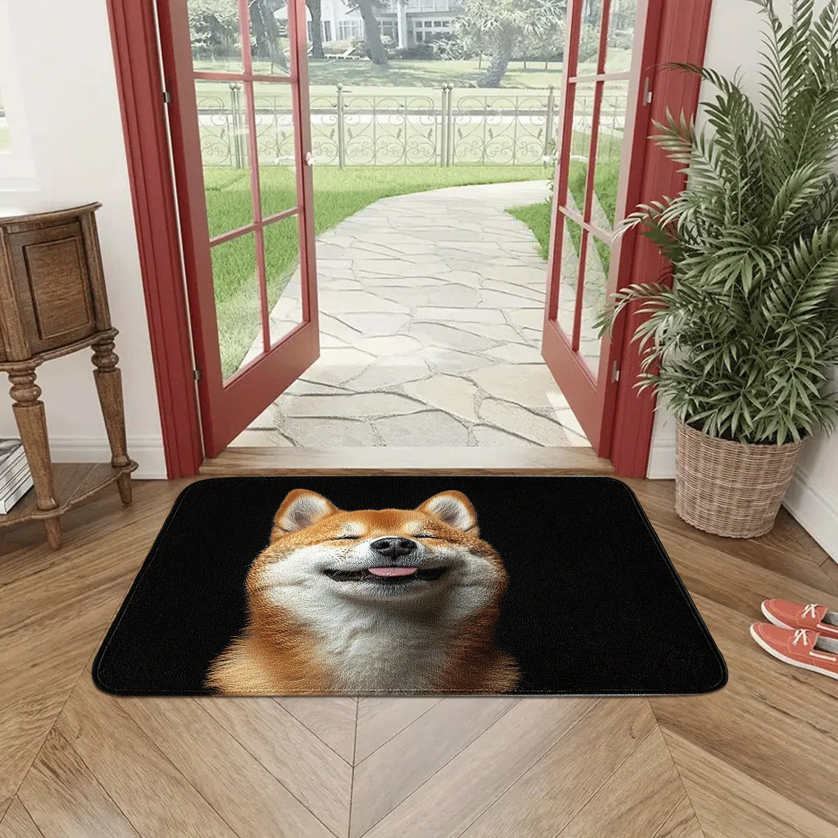 Joyful Orange and White Shiba Inu Face Pattern Area Rug, Soft Non-Slip Indoor Outdoor Floor Mat for Bedroom and Living Room