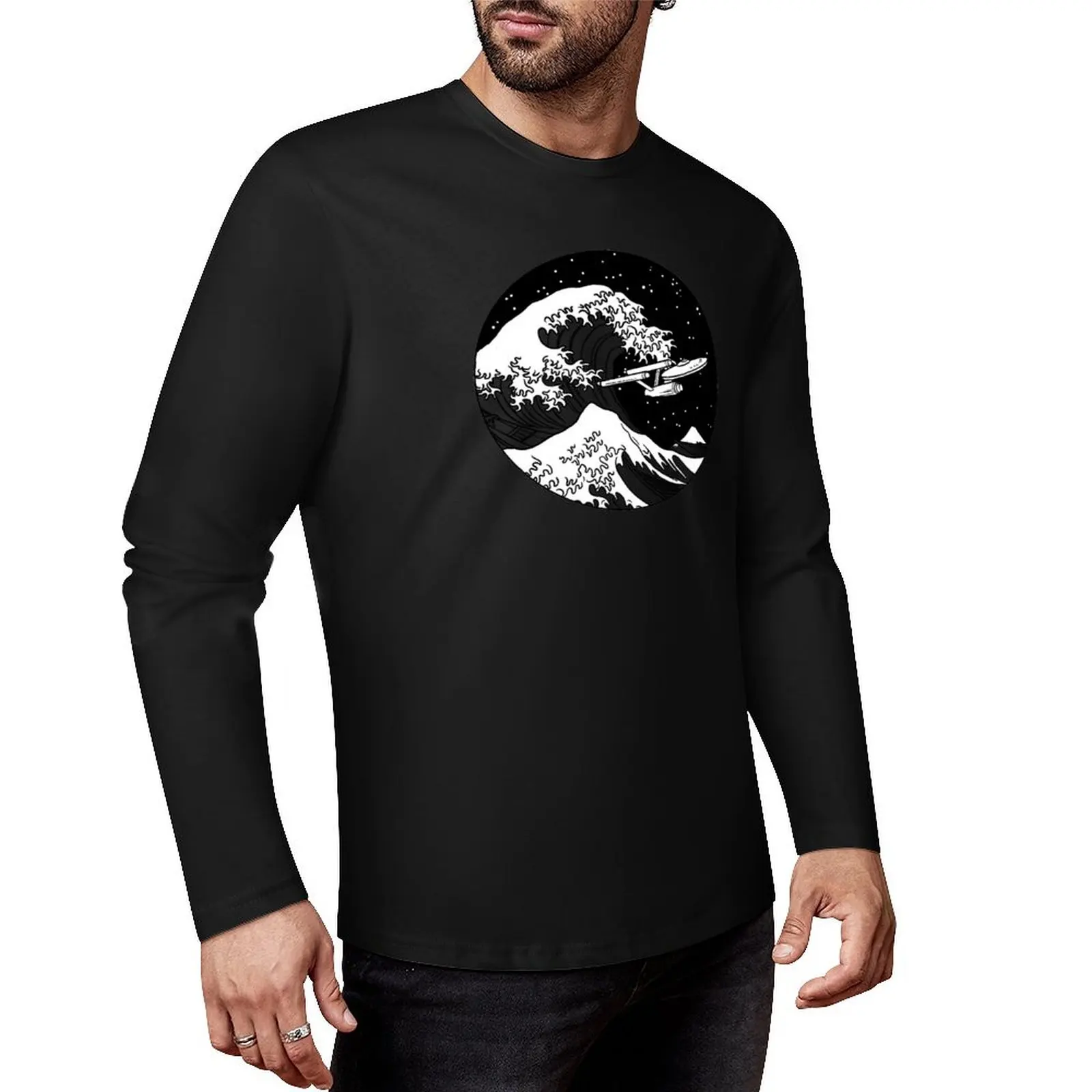 Trek Spaceship in Space - The Great Wave Long T-Shirt heavyweight t shirts kawaii clothes workout shirts for men