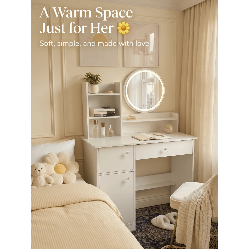 

LED Makeup Vanity With Lighted Mirror, White Dressing Table With Drawer Storage