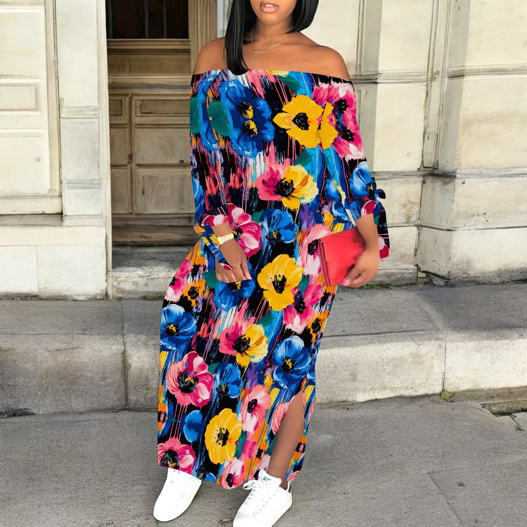 

Women's Floral Maxi Dress Boho Abstract Print Off Shoulder Loose Dress with Slit for Vacation Wear S-3XL