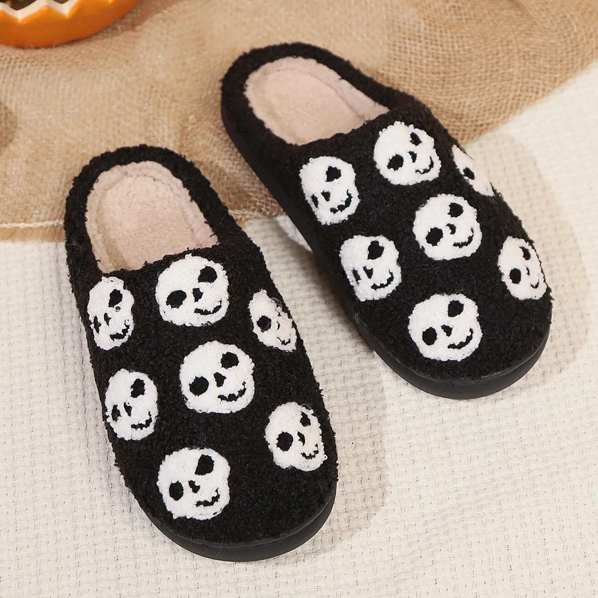 Halloween Pumpkin Slippers Women Men Finger Embroidery Spiders Warm Cotton Slippers Plush Anti Slip Resistant Couple Slippers