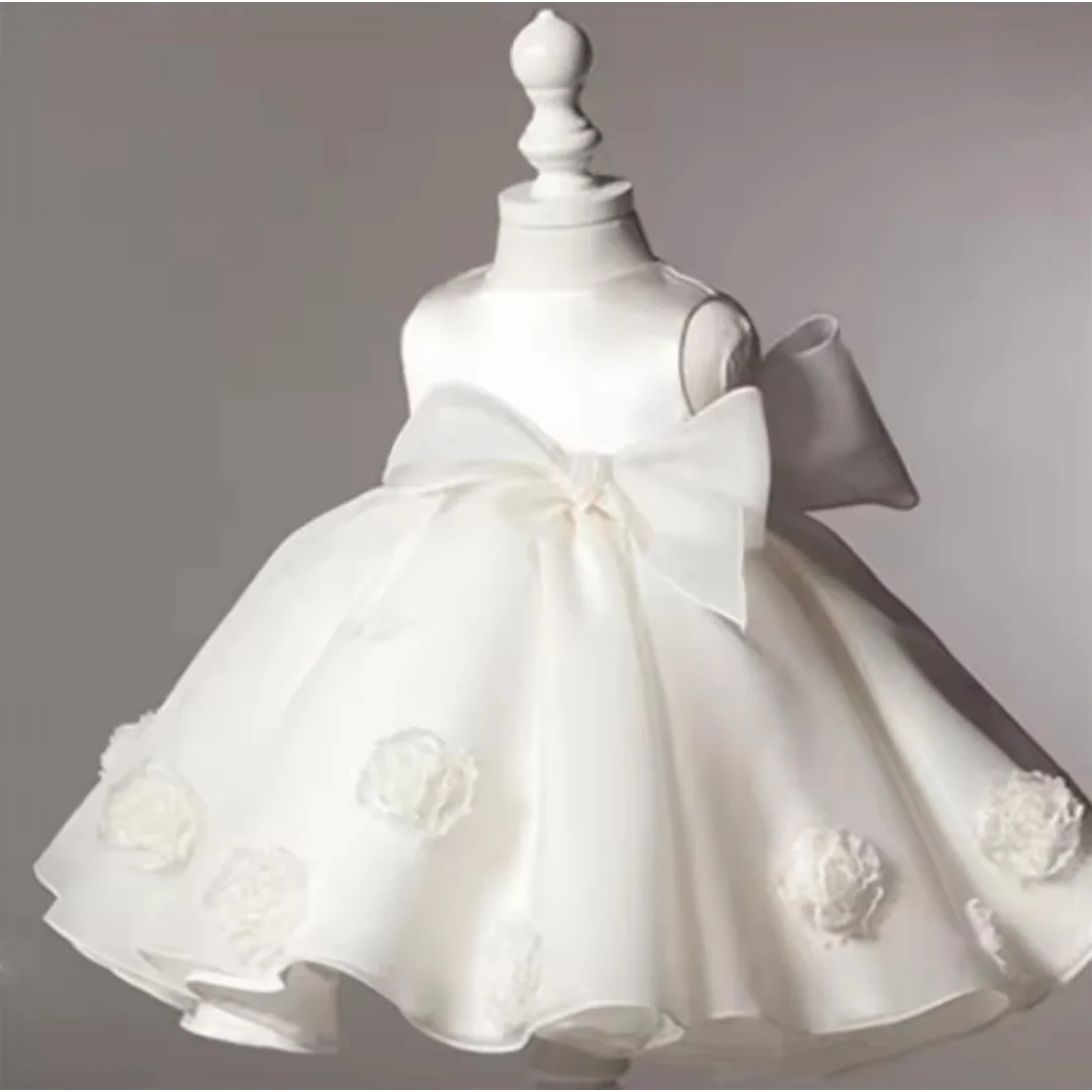 White Satin Baby Flower Girl Dress Sleeveless 3D Floral Big Bow Short Puffy Skirt Toddler Wedding Baptism Princess Gown
