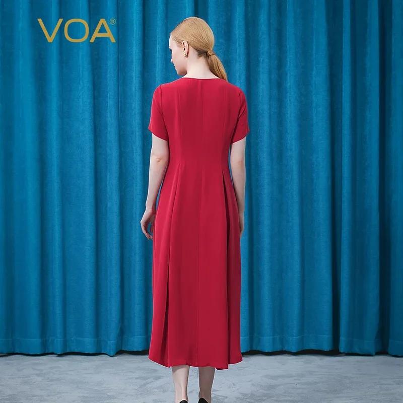 VOA 30m/m Silk O-Neck Lychee Red Short Sleeves Party Dresses Women 2022 Asymmetrical Banquet Festive Summer Woman Dress AE903