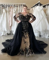 Gothic Black Wedding Dress Lace Appliques Long Sleeves Plus Size Bridal Gown V-Back Detachable Train Vestido De Novia Customized