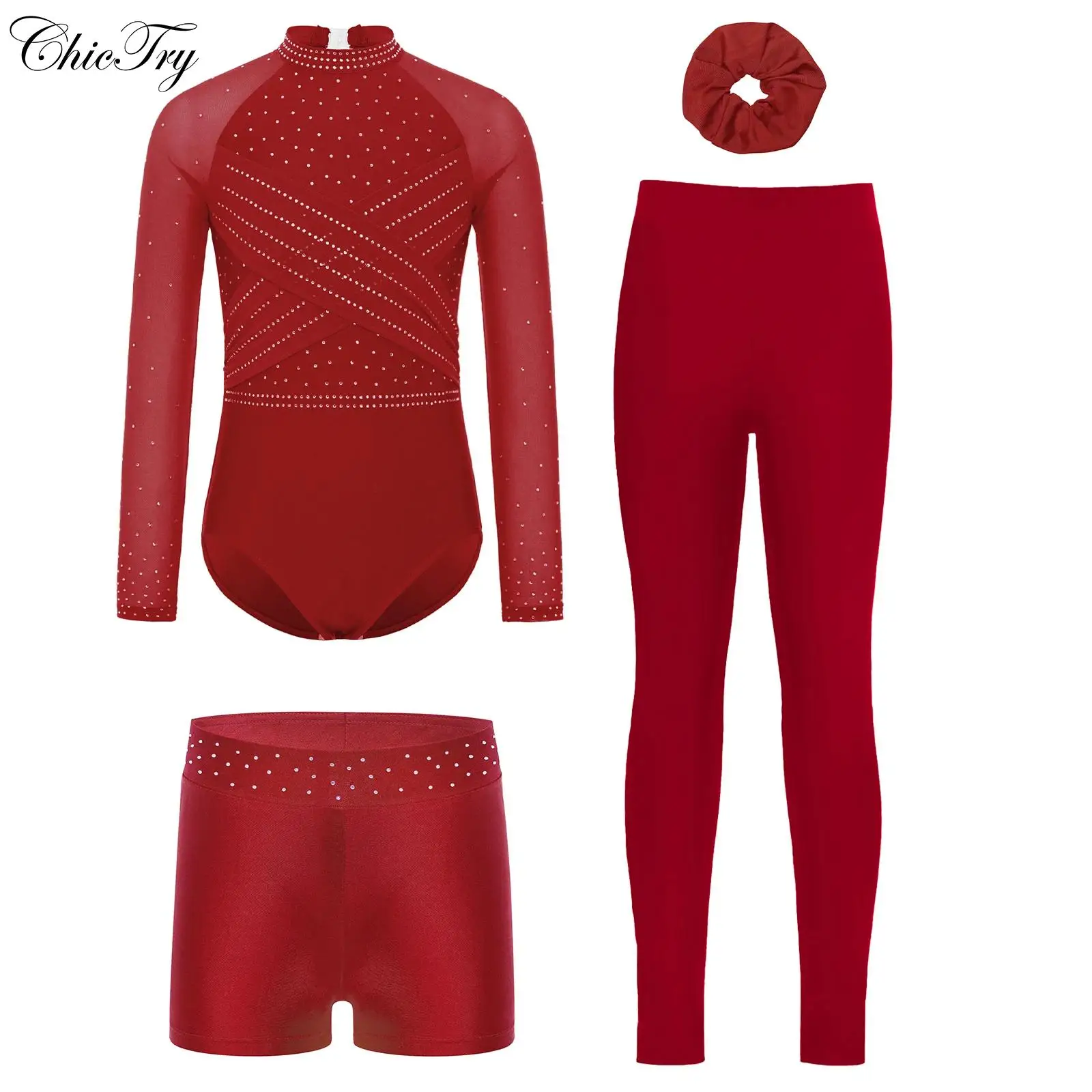 

Детские комплекты для балета и гимнастики для девочек, спортивный костюм, прозрачная сетка, с длинными рукавами и вырезом сзади, стразы, купальник с шортами, леггинсы