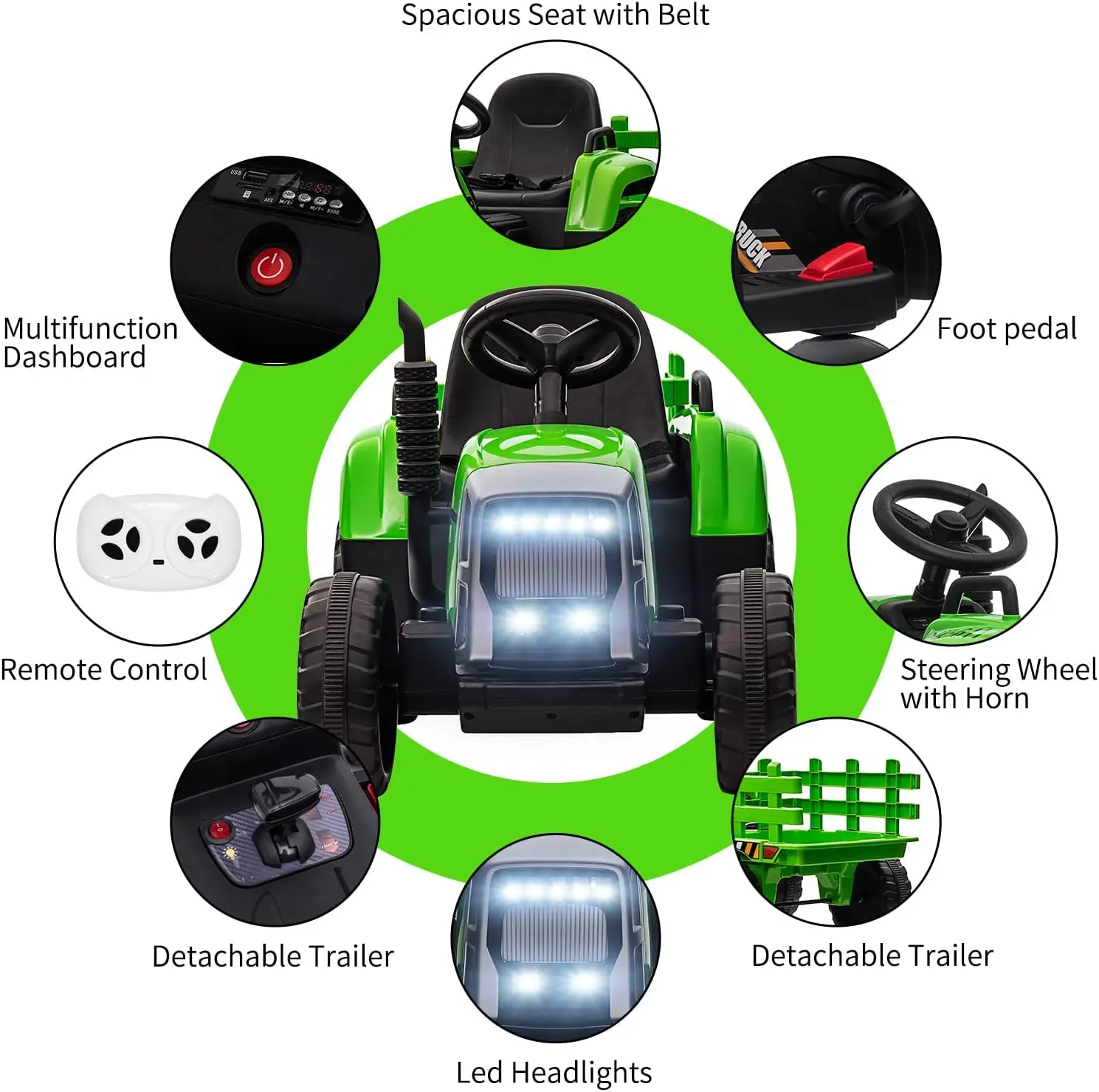 ركوب الأطفال على جرار، جرار كهربائي يعمل بالبطارية 12 فولت مع R/C ومقطورة، مركبة كهربائية للأطفال الصغار مع مصباح أمامي #5