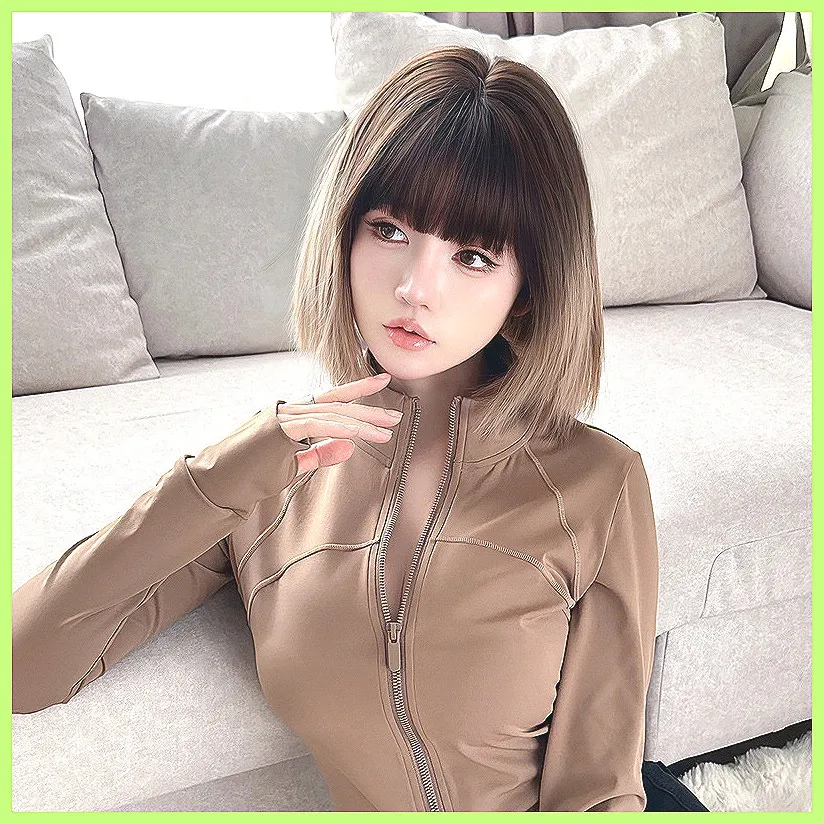 

Короткий прямой парик омбре для женщин, парик из синтетического волокна на всю голову, светло-серые короткие волосы цвета чая, модный парик