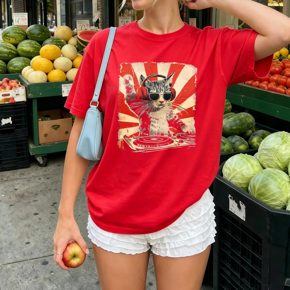 Vintage DJ Cat Wearing Headphones Sunglasses Tshirt Women Retro Sunset Disc Jockey Kitten Print Casual Cotton Music Lover Blouse - view 2