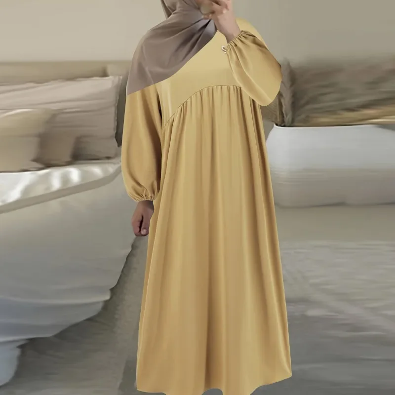 Robe Abaya à manches longues lanterne pour femmes, robe musulmane, col rond, plissés décontractés, vêtements élégants, mode féminine, nouveau tempérament