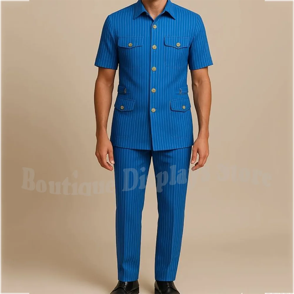 

Fashion Pinstripe Men's Suit Two Pieces(Jacket+Pants) Classic Single Breasted Blazer with Short Sleeves Slim Fit Casual Set