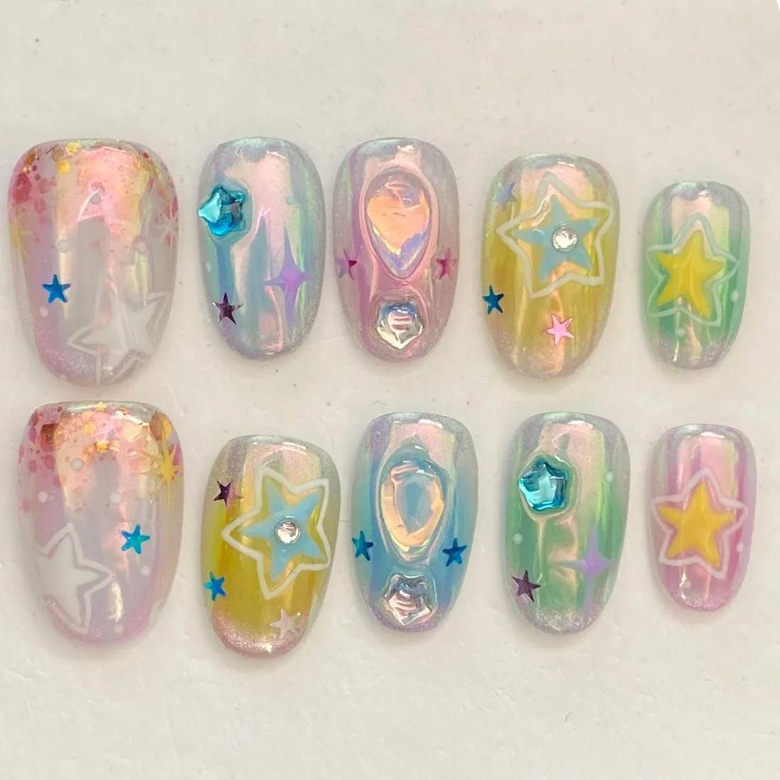 

10Pcs Press on Nails Aurora Gradient Multicolored Stars Fake Nails Includes 1 Sheet Adhesive Tabs & 1 Pc Mini File