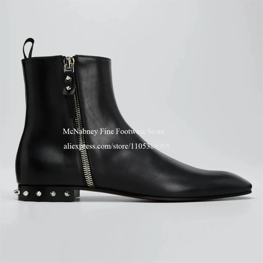 Spike Studded Heel Black Boots for Men Side Zipper Punk Rock High Top Boots Low Heel with Rivet Fashion Wear 0.75inch Heel