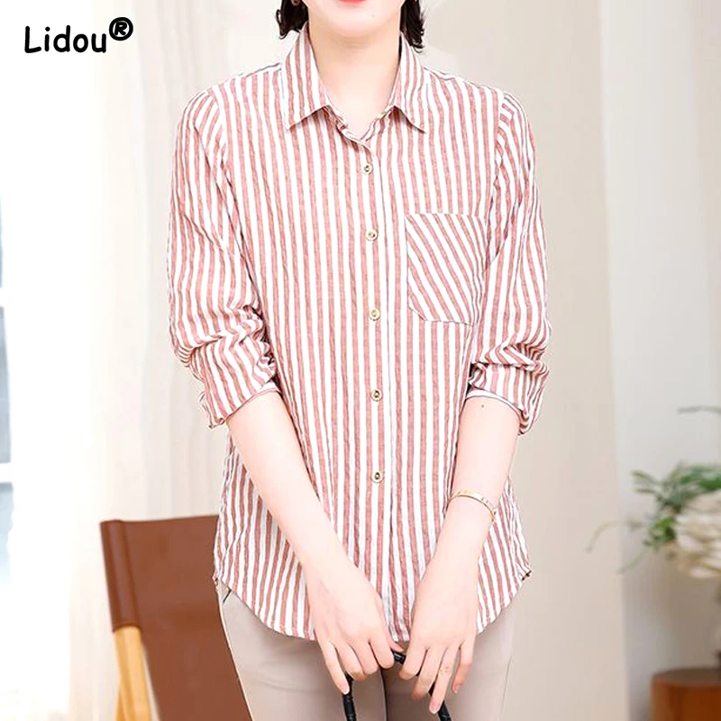 

Thin Spring Summer Office Lady Business Casual Elegant Blouses Fashion Loose Striped Printing Button Simplicity Women's Clothing