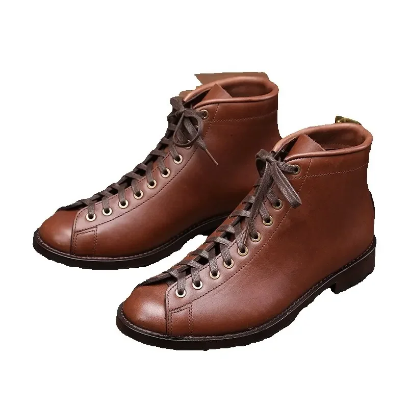 Nowa wiosna jesień Vintage oprzyrządowanie ciemne męskie buty motocyklowe jakość skóra bydlęca okrągłe czerwone męskie botki na co dzień — zdjęcie 2