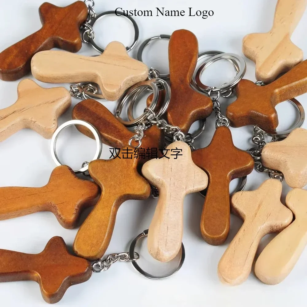 

Personalized Custom Name Logo Wood Jesus Christ Keychain Necklace Wooden Cross Pendant Keyring Decorate Key Chain Ring Gift