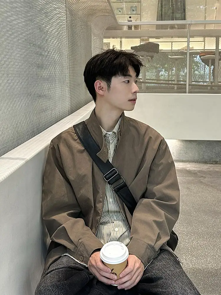 

Свободный крой, однотонный джинт с воротником-стойкой, весна-осень 202, японская рабочая одежда в стиле ретро, универсальное повседневное модное верхнее пальто