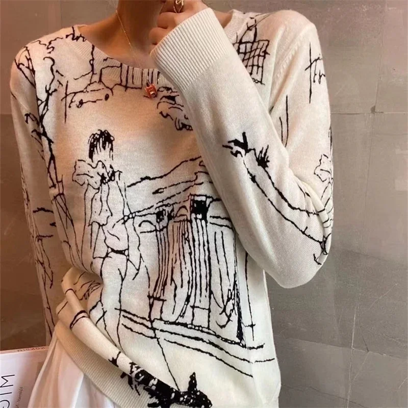 

Refined Imitation Wool Knit T-Shirt Women's Long Sleeve Top Graffiti Digital Jacquard Pullover Ladies Sweater Summer Thin F472