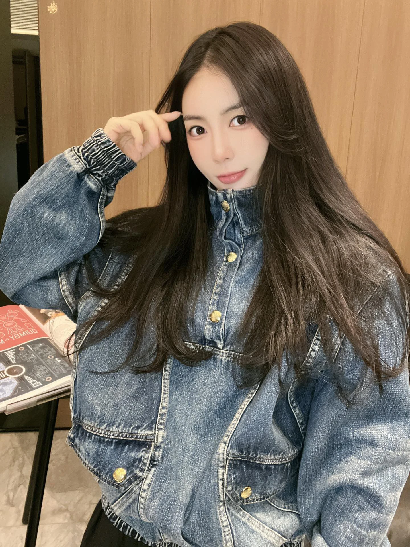 

Fashionable High Collar Vintage Washed Denim Loose Casual Style Sweatshirt Women's Neck Long Sleeve Shirt Commute Style
