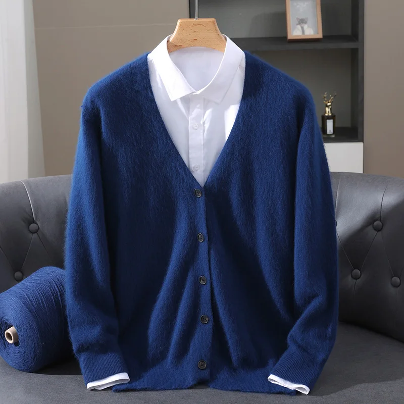 

Вязаный кардиган, мужской осенне-зимний новый свитер из 100% норки, мужской свитер с v-образным вырезом, деловая повседневная однотонная трикотажная базовая рубашка