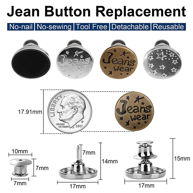 5-10pcs Fashion Jean Button Replacement Detachable Button Snap Fastener No Sew Instant button for jeans Jackets broches presion