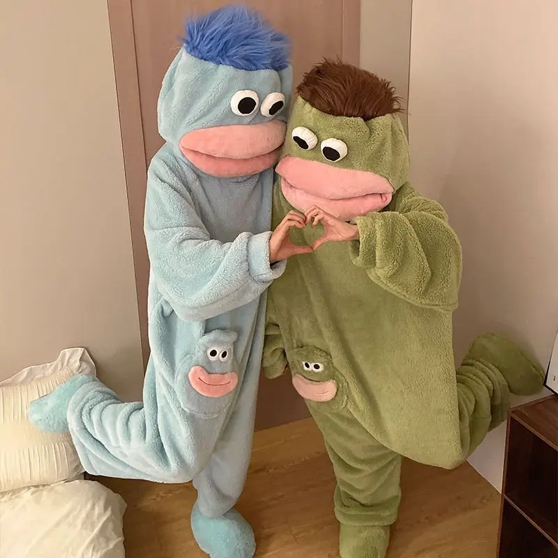 Hangyodon Schlafanzug Lustiger Monster-Onesie mit Kapuze und Langen Haaren Dicker Plüsch Hässlich-Süßer Cosplay Winter-Loungewear Paar-Pyjamas