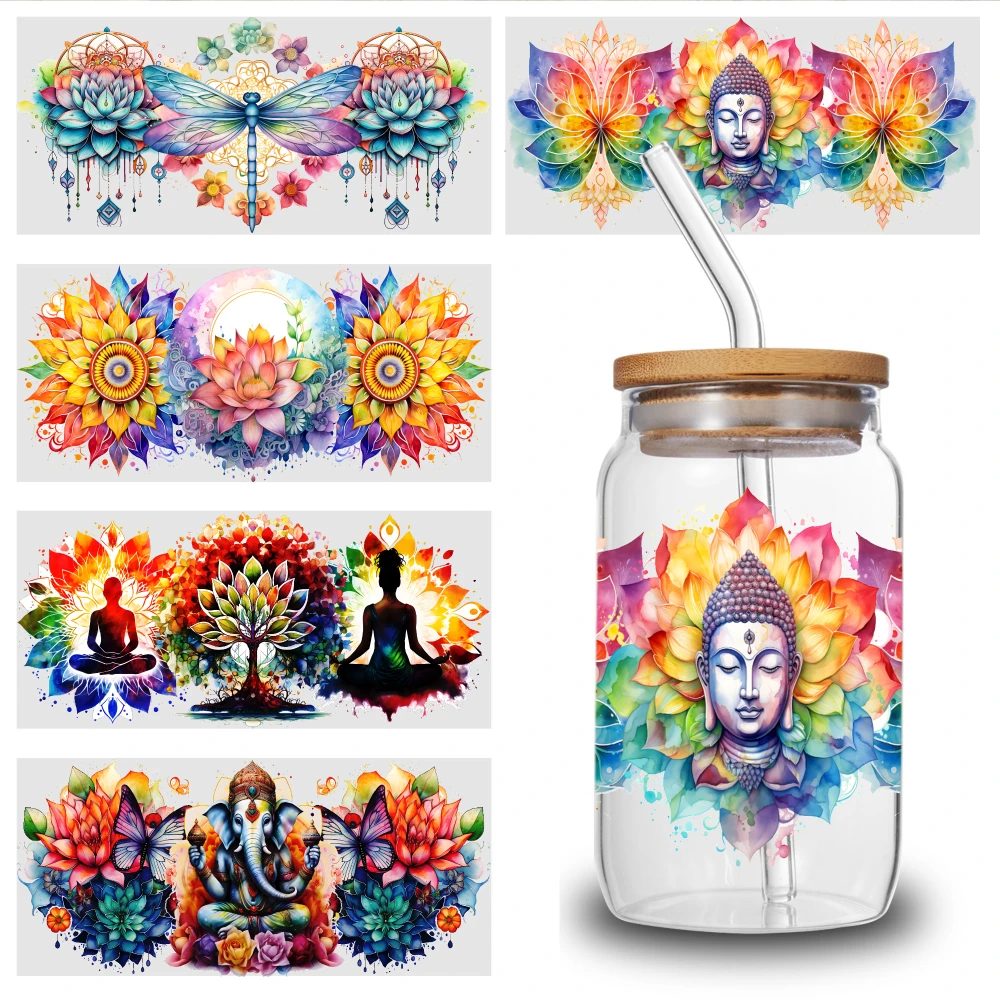 5 Sheets Floral Buddha Dragonfly Ganesha UV DTF Stickers Plastic Self-Adhesive Labels
