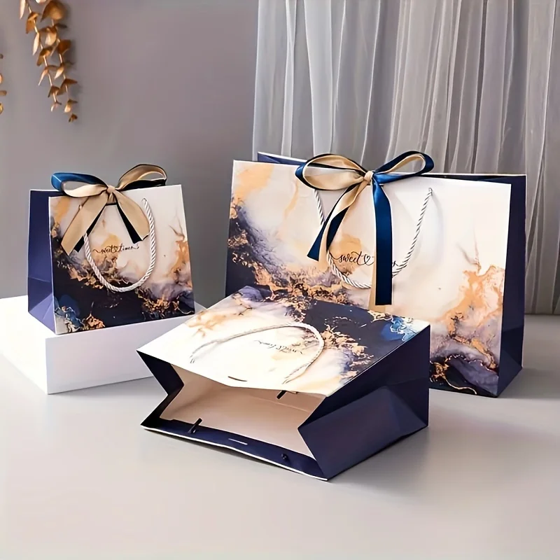 10pcs Golden Blue Marble Pattern Paper Gift Bags with Two-tone Ribbon Handles for Party Favors, Small Business Supplies, Shoppin