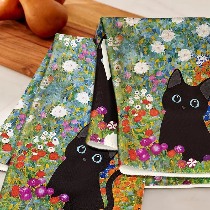 2Pcs, Oil Painting Style Floral Black Cat Kitchen Towels, 40Cm*60Cm Towel Set, Super Absorbent Soft Cleaning Cloth, Cooking and