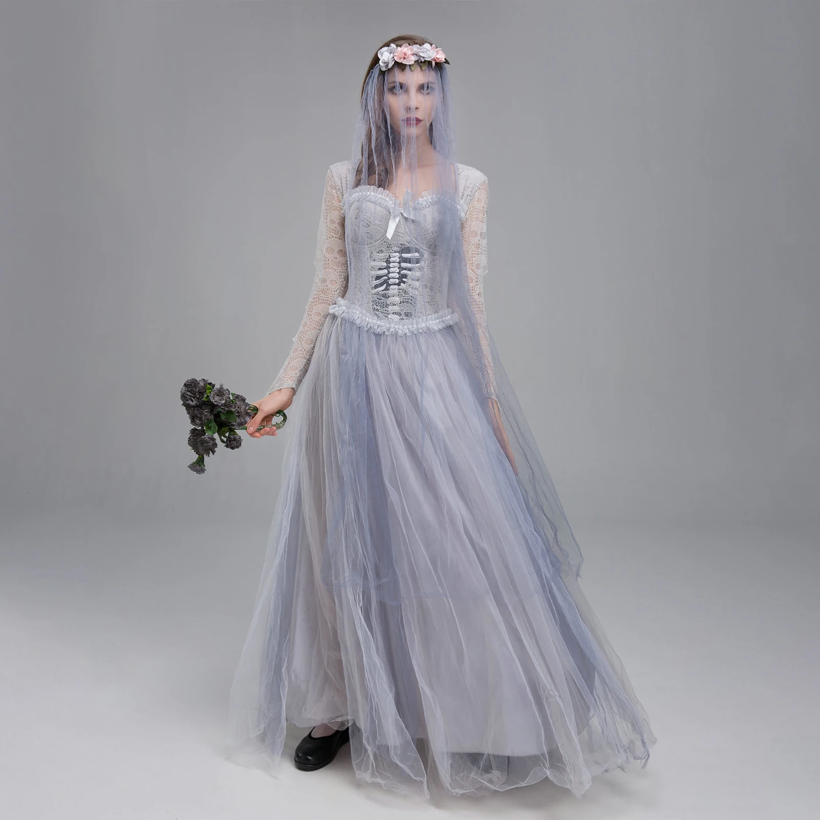 2024 Women Halloween Dead Bride Costume Ghost Corpse Bride Corset Dress and Veil Floral Headband Set for Cosplay Outfits