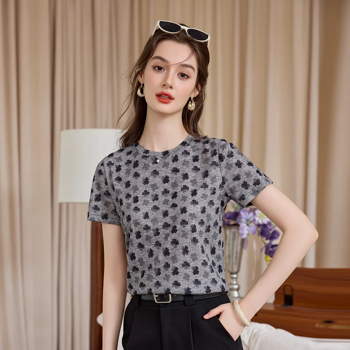 LOUISYAO Women's Literary Knit T-Shirt 2026 Summer Crew Neck Regular Fit Retro Style Casual Ladies Tops