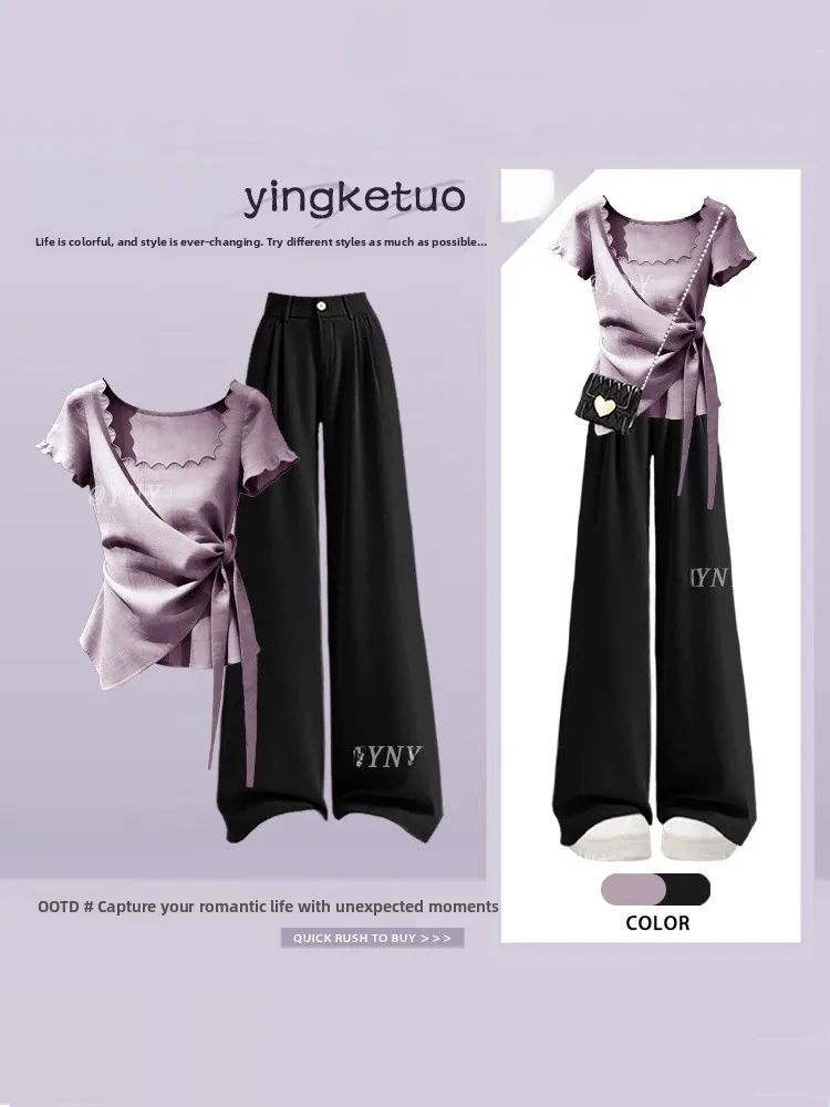 Conjunto de camiseta adelgazante de talla grande y pantalones de pierna ancha con cinturón, elegante atuendo de moda de veran...
