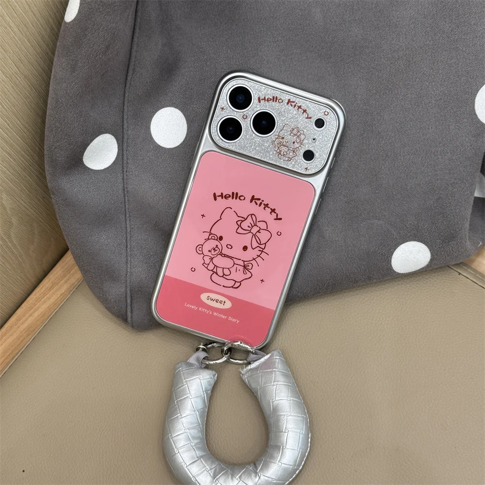 

Simple line Hellokitty Bear Electroplated Phone case for iPhone 17 16 15 14 13 17 Pro 16 Pro Max Cover With Strap Cute Cases Fun