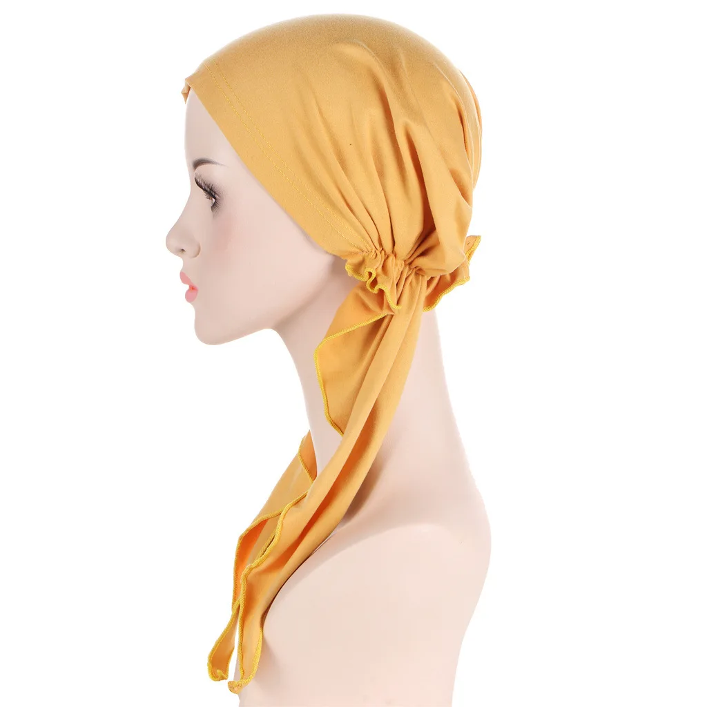 Solid Color Hijab Long Tail Turbans Casual Elastic Head Wraps Ramadan Beanies Hats Elastic Chemo Cap For Women