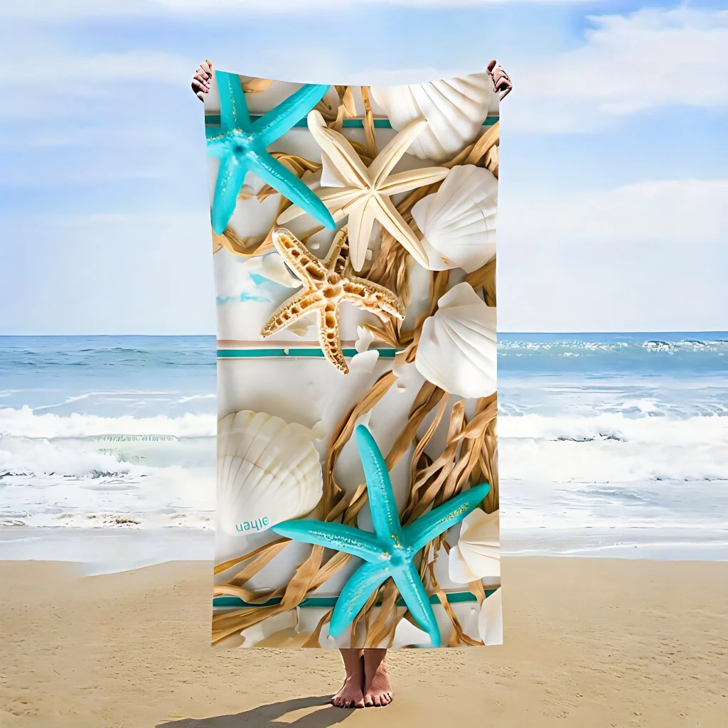 1pc Starfish & Shells Beach Towel, Soft Absorbent Quick-Dry, Ideal for Summer Beach Swimming Camping Bath Travel Pool Outdoor