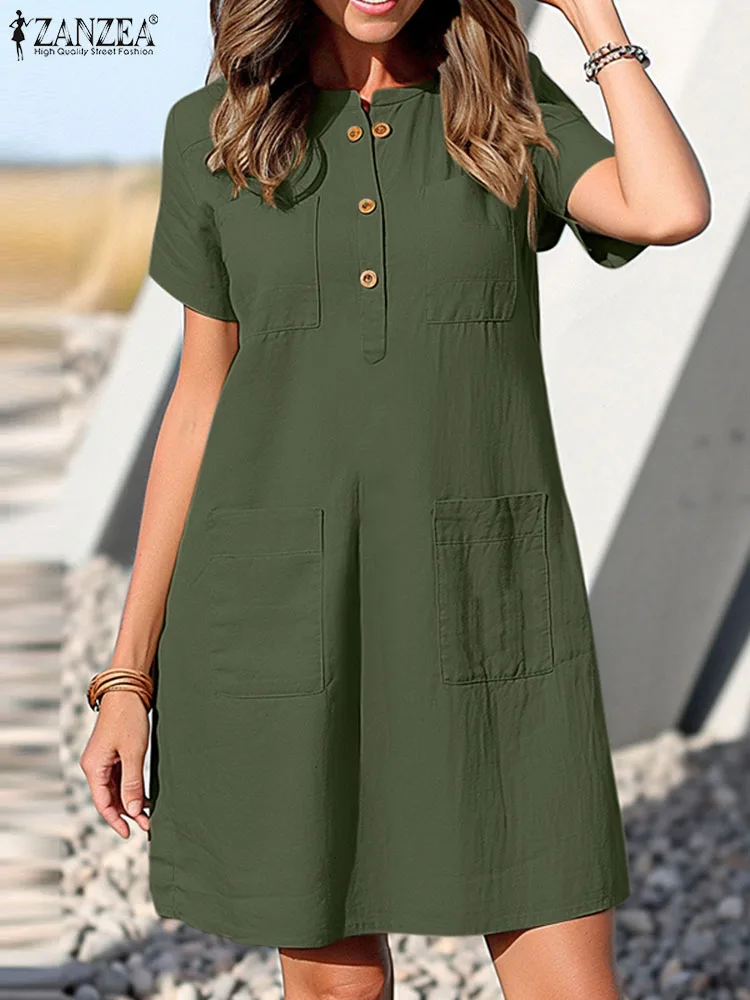 Fashion Women Sundress Summer Dress Short Sleeve Solid OL Work Vestidos Knee Length ZANZEA 2024 Buttons Pockets Oversized