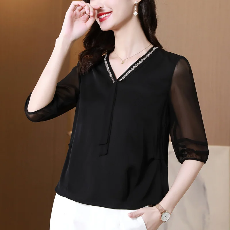 #2510Womens Tops And Blouses Sexy Black Pullover Elegant Embroidery V-neck Woman Blouse Perspective Summer Thin Silk Half Sleeve