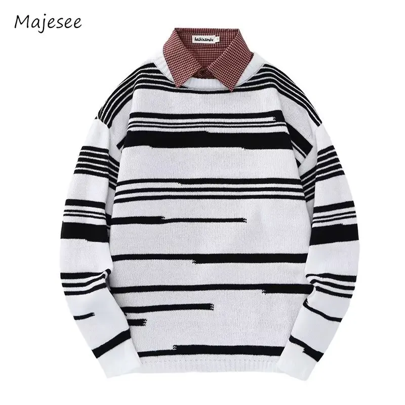 

Striped Sweaters Men Irregulae Slouchy Autumn Winter Contrast Color Korean Style Fashion Knitwear High Street Harajuku College