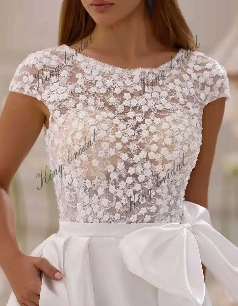 Simple Wedding Dress Floral Lace Wedding Dress Satin Skirt Corset Gown with Detachable Bow | A-Line Custom Bridal Gown