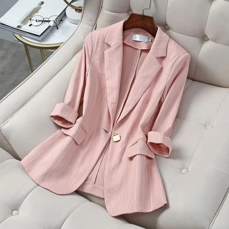 Single button Striped Thin Suit For women Spring summer 2025 New Slim Strip Seven quarter sleeve Short Suit Jacket  Casual Top