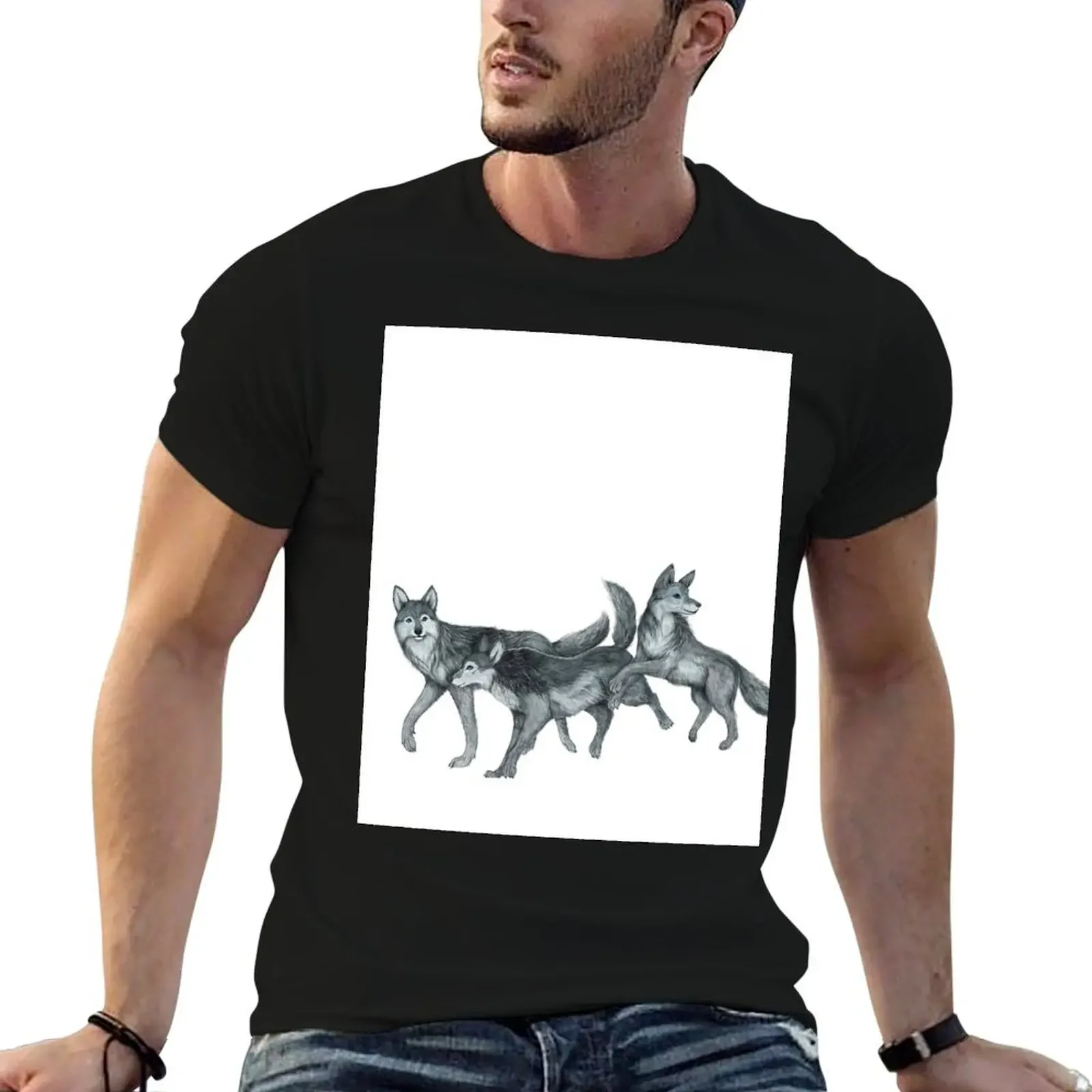 

Dancing wolves- gray T-Shirt oversized graphic tee vintage t shirts customs Men's cotton t-shirt