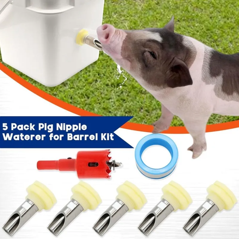 L68A Pigs Water Tank Connector With Hole Opener& PTFE Tapes- 5Set Pig Nipple Waterer For Drinker Feeder Kit