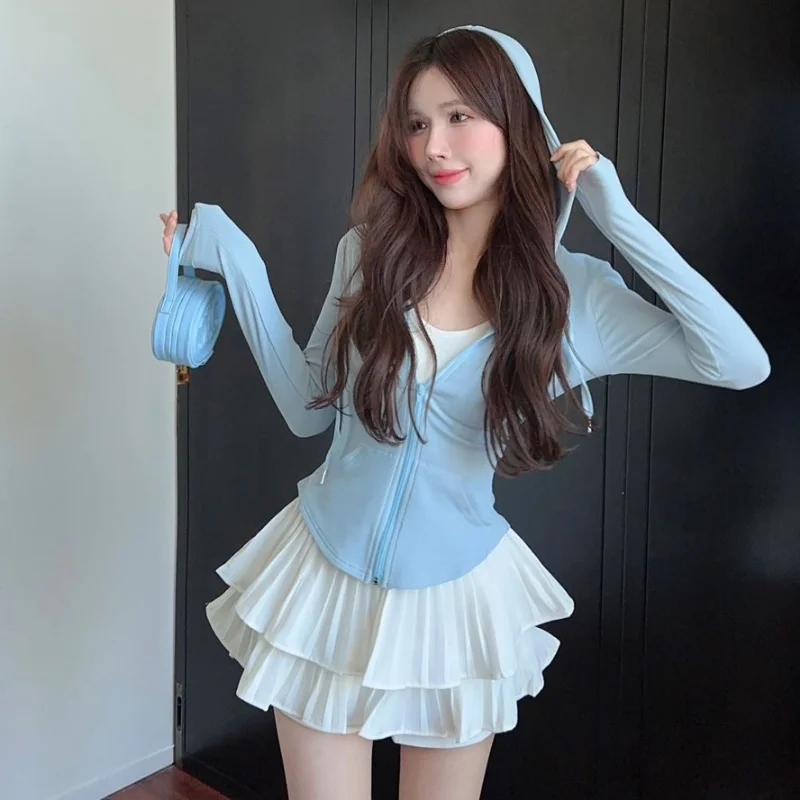 مجموعات النساء مقنعين الشمس واقية رياضي سليم Hotsweet جاكيتات الكشكشة التنانير البسيطة موضة مرونة الخصر العطاء كل مباراة أنيقة أنيقة #4